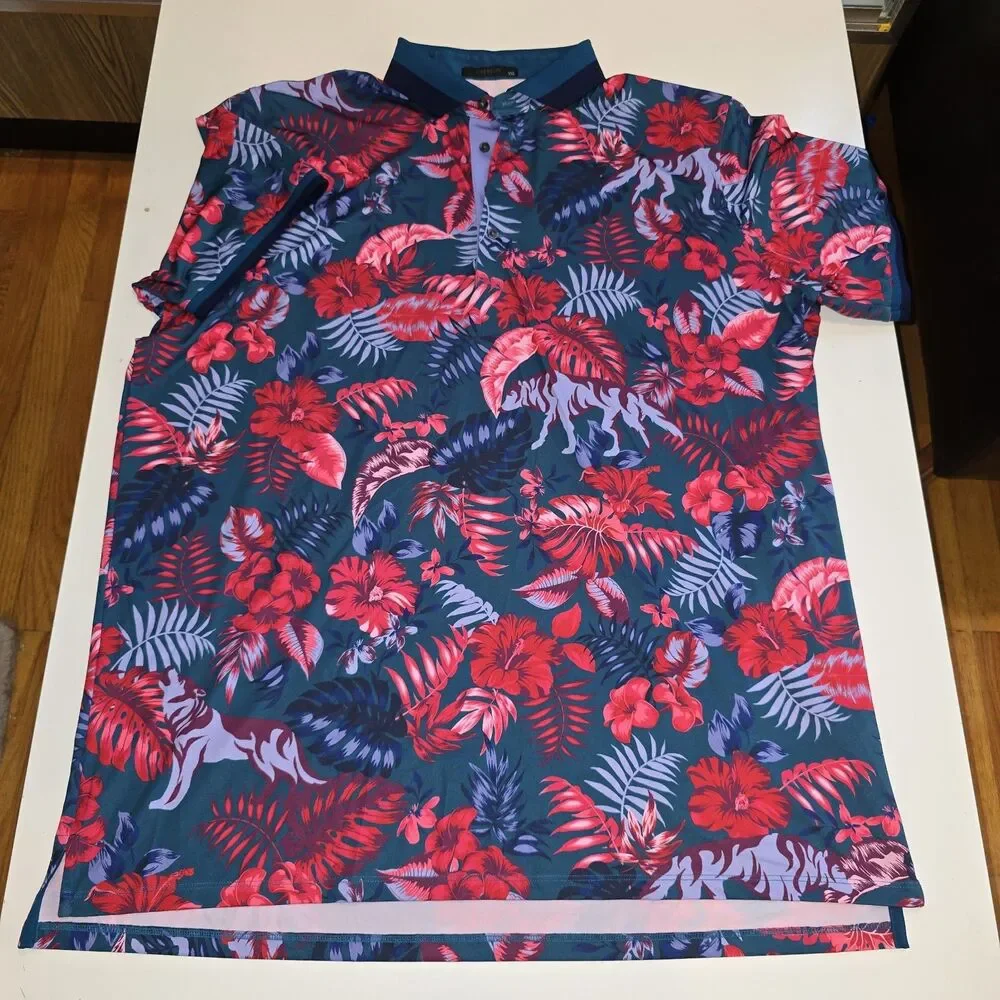 Greyson Herbarium Polo Shirt Mens XXLarge Blue Floral Wolf Golf Performance
